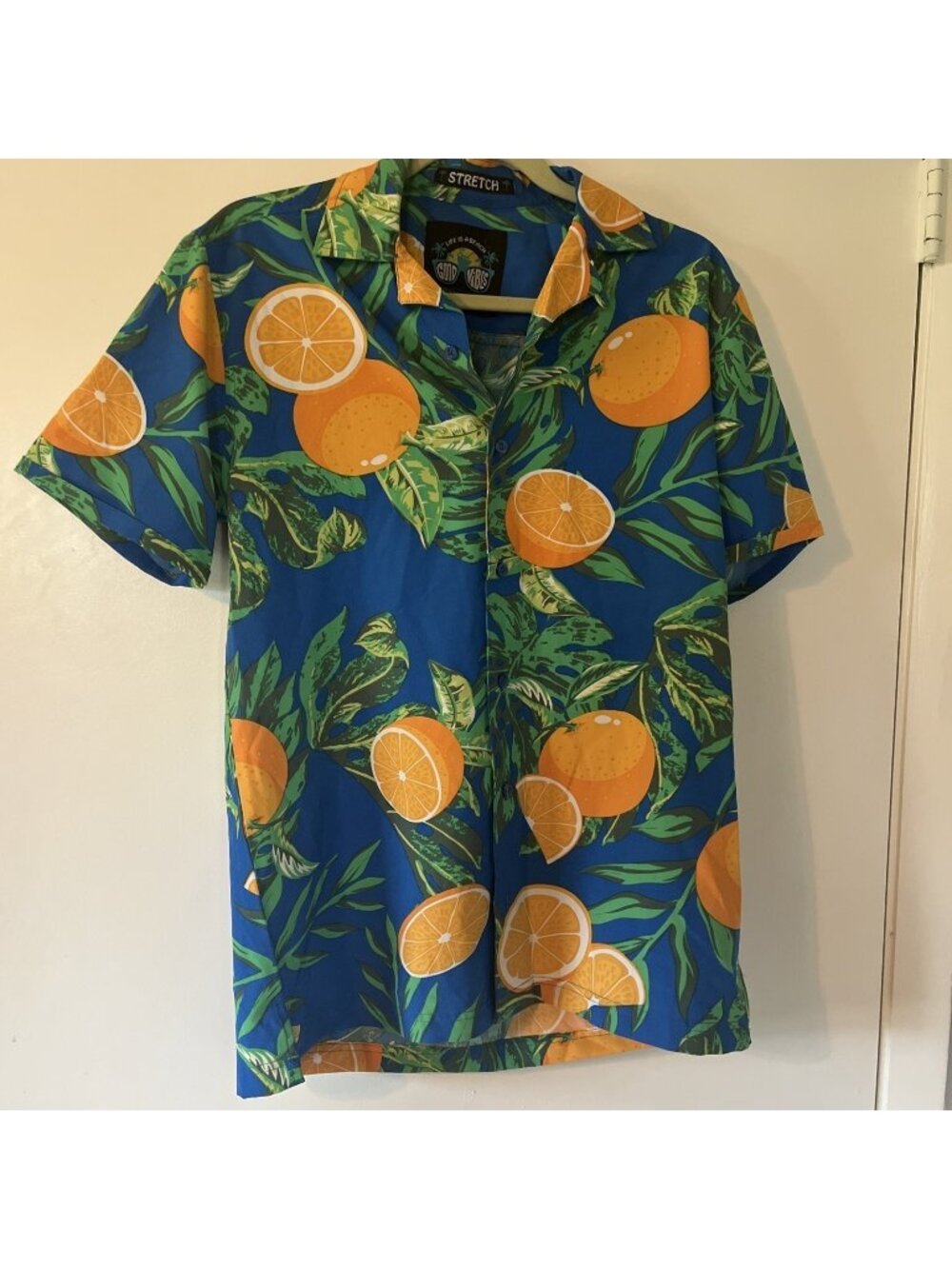 Good Vibes Life is a Beach Mens Stretchable Button Down Hawaii Blue Orange Small